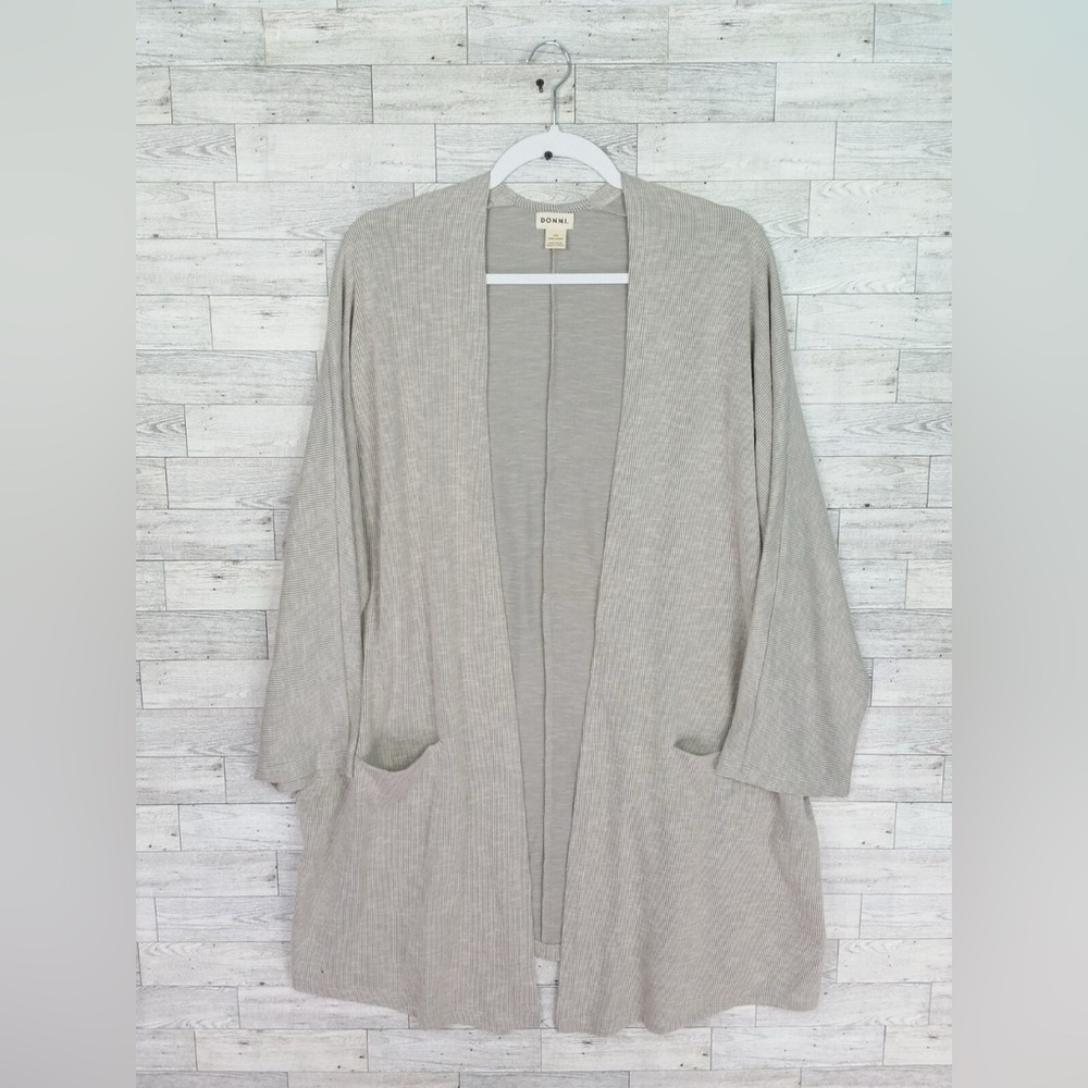 Donni Open Front Knit Cardigan Drape Top One Size Fits All Gray Striped Flowing